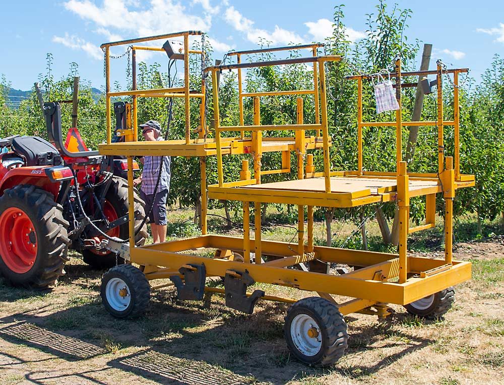 A farm-built platform that has increased efficiencies in vertical and V-trellis pear blocks at McCarthy Family Farm near Mount Hood, Oregon. “With about $200 in switches and wiring, we made it so we can drive from the platform,” Adam McCarthy said. (Jonelle Mejica/Good Fruit Grower)