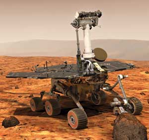 An artist's concept portrays a NASA Mars Exploration Rover on the surface of Mars. (Courtesy NASA/JPL/Cornell University/Maas Digital)