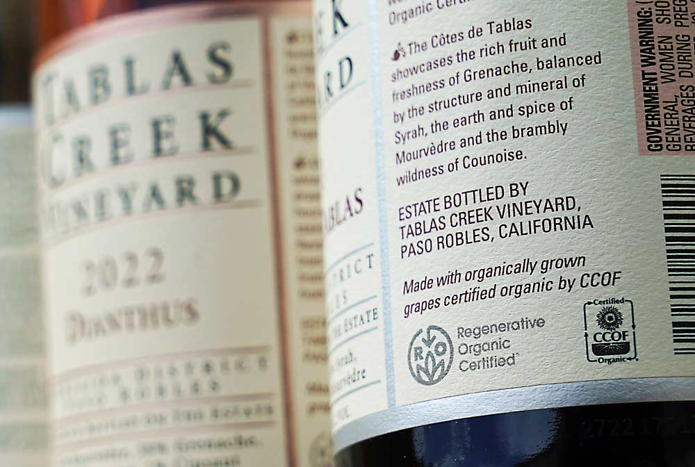 Tablas Creek uses the Regenerative Organic Certified logo on its wines, “because we do believe in certification, and the message that it sends,” Lonborg said. (Courtesy Tablas Creek Vineyard)