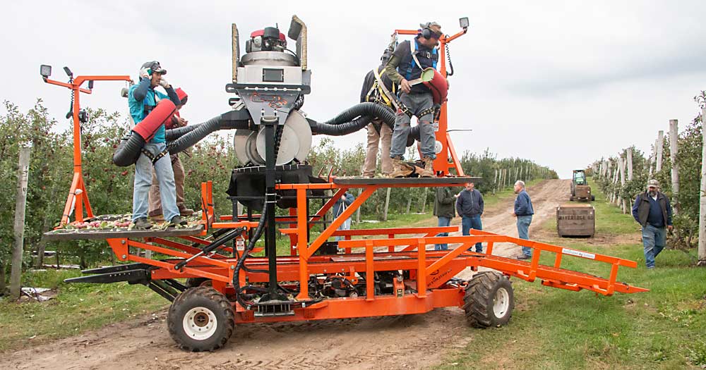 The worker on the near right operates the Bandit Cyclone, guiding it through a change of rows at a Riveridge orchard last fall. Row changes can take up to four minutes, according to Penn State researchers. (Matt Milkovich/Good Fruit Grower)