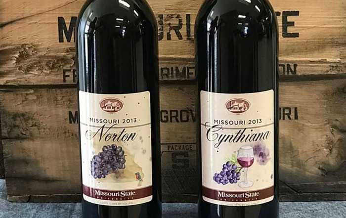 Bottles of wine made from Norton and Cynthiana grapes at Missouri State University. (Photo courtesy of Missouri State University)