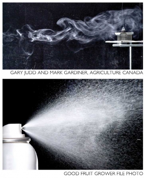 The top photo shows the plume of pheromone released by a passive dispenser. The size and reach of plumes from passive dispensers is the same regardless of concentration. The bottom is an example of a plume created by an active pheromone aerosol dispenser. The big burst of small particles that are 70 to 80 microns in size travel up to 500 feet.