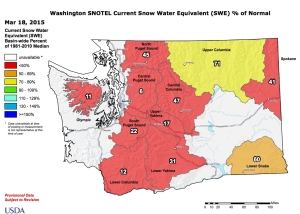 Expected water volumes from snow pack in Washington show several areas below 50 percent of normal as of March 18, 2015. Click the image to open PDF. (Courtesy USDA/NRCS)