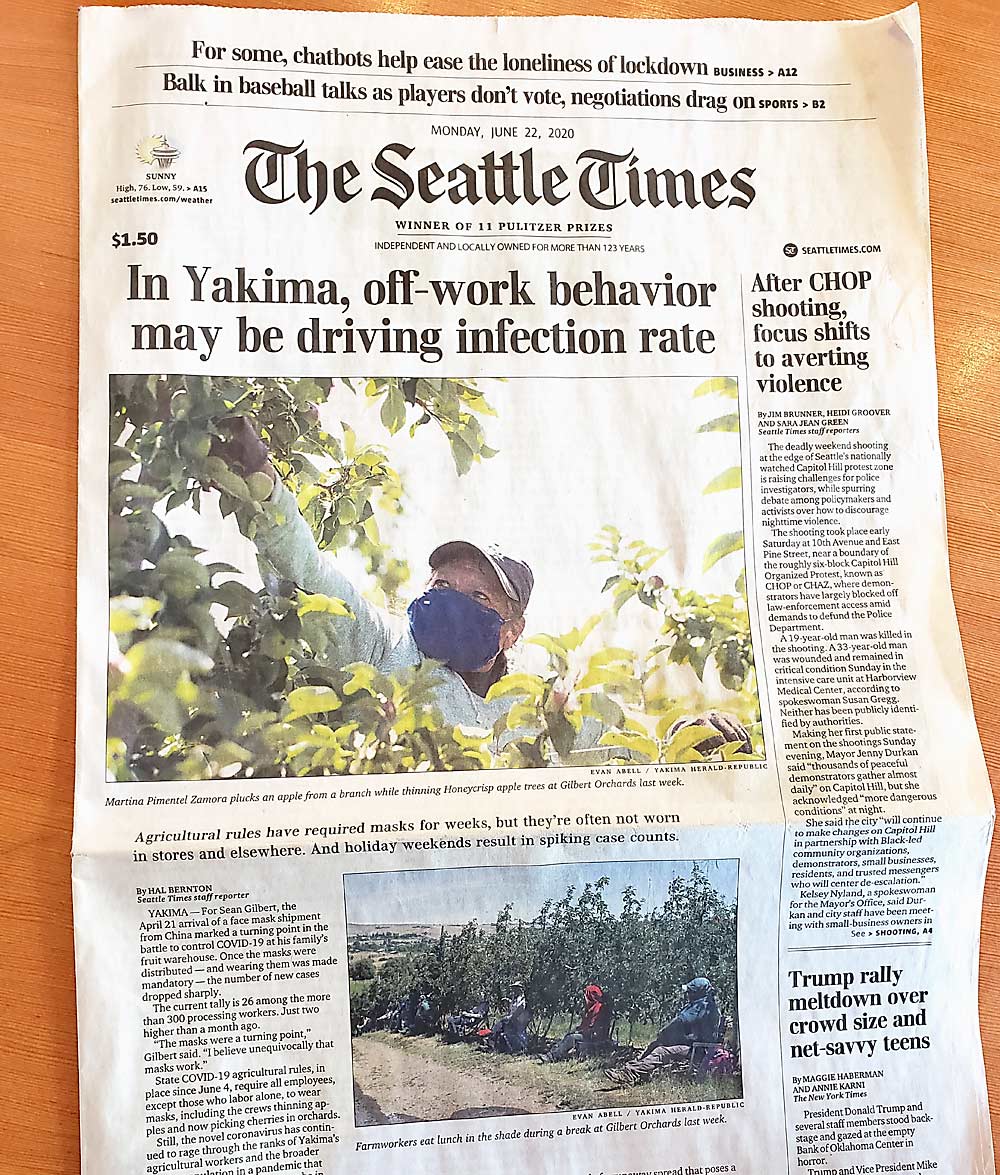 Gilbert considers this headline, which recognizes the role of community transmission in coronavirus outbreaks in farming areas, a success. For a few weeks in the late spring of 2020, Yakima County had the highest infection rate on the West Coast. (Courtesy Sean Gilbert/Gilbert Orchards)