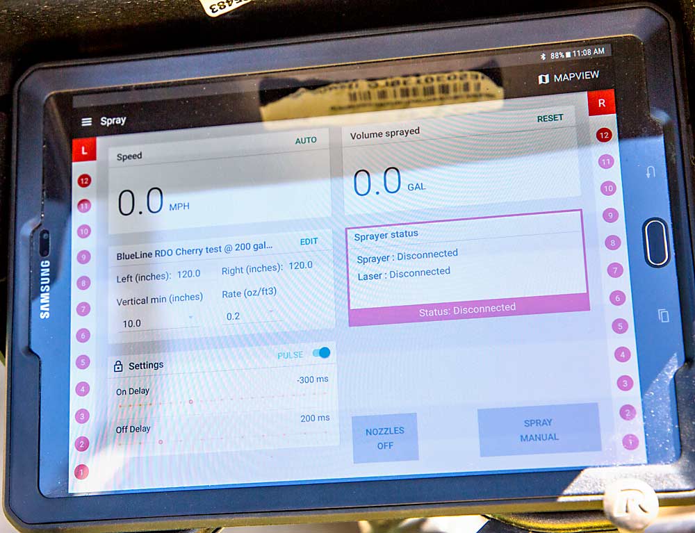 A tablet mounted to a tractor allows the driver to control and track the operation of the Intelligent Spray System. (Ross Courtney/Good Fruit Grower)