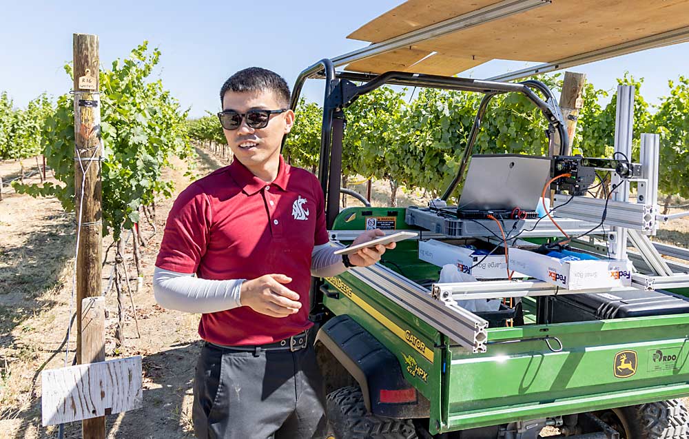 Kang is setting up a new hyperspectral sensor for 2021 field work. The setup includes two other cameras — one thermal camera and one 3D camera — that help to understand canopy depth. Eventually, a hyperspectral sensor could be flown on a drone or mounted to an ATV to provide data on irrigation needs. (Kate Prengaman/Good Fruit Grower)