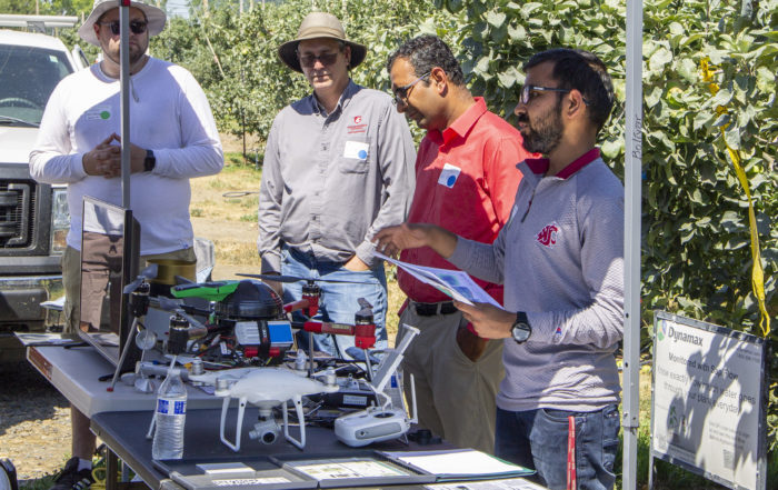 From left to right, Nathan Santo Domingo, Sean Hill, Lav Khot and Gajanan Kotha-wade, all with Washington State University, share information about AgWeatherNet and drone imaging technology at the Smart Orchard field day on July 26 in Grandview, Washington. (Jonelle Mejica/Good Fruit Grower)