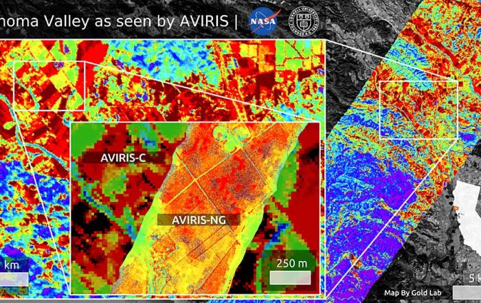 A hyperspectral map of California’s Sonoma Valley, shot from an airplane using NASA Jet Propulsion Laboratory’s AVIRIS technology. Hyperspectral imaging can be used to detect plant diseases before the human eye can spot them. Cornell’s Katie Gold is using the technology to study grape pathogens in New York state. (Courtesy NASA/Cornell University)