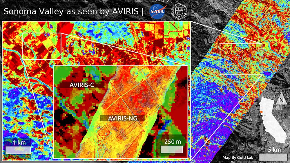 A hyperspectral map of California’s Sonoma Valley, shot from an airplane using NASA Jet Propulsion Laboratory’s AVIRIS technology. Hyperspectral imaging can be used to detect plant diseases before the human eye can spot them. Cornell’s Katie Gold is using the technology to study grape pathogens in New York state. (Courtesy NASA/Cornell University)