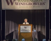 Vicky Scharlau speaks during the 2017 Washington Winegrowers award banquet on February 7, 2017, in Kennewick, Washington. Scharlau unveiled the new trademark that replaces the association's previous name of the Washington Association of Wine Grape Growers earlier in the day. (TJ Mullinax/Good Fruit Grower)