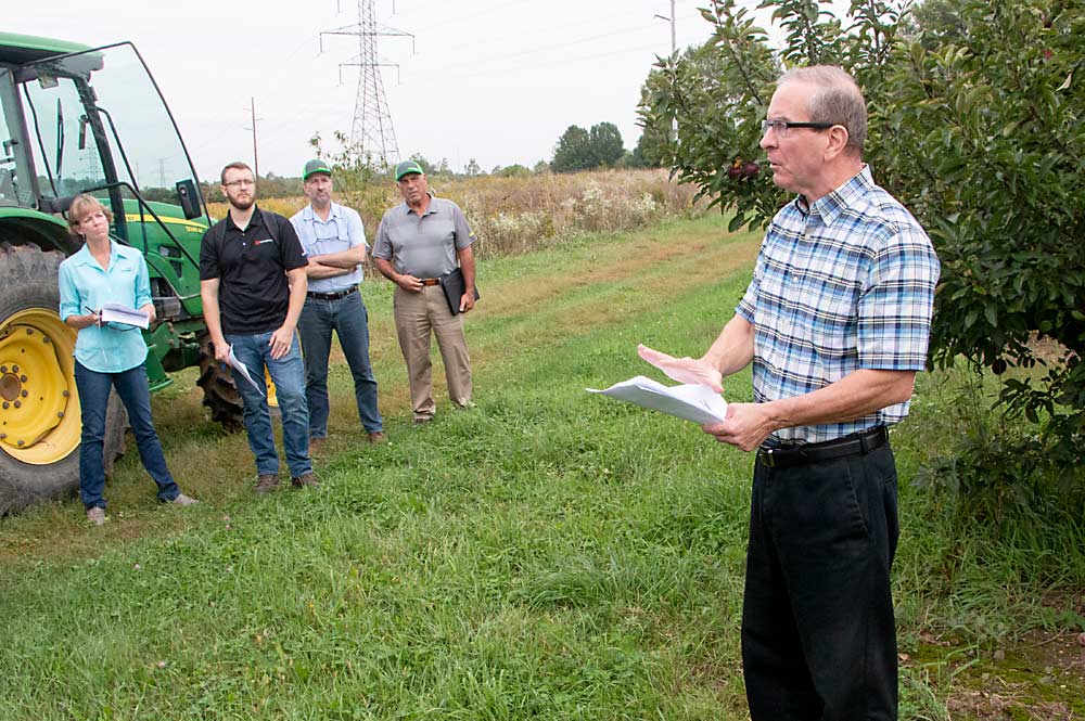 John Wise discusses research trials for fruit pest control during a field day in October at MSU’s Trevor Nichols Research Center. (Matt Milkovich/Good Fruit Grower)