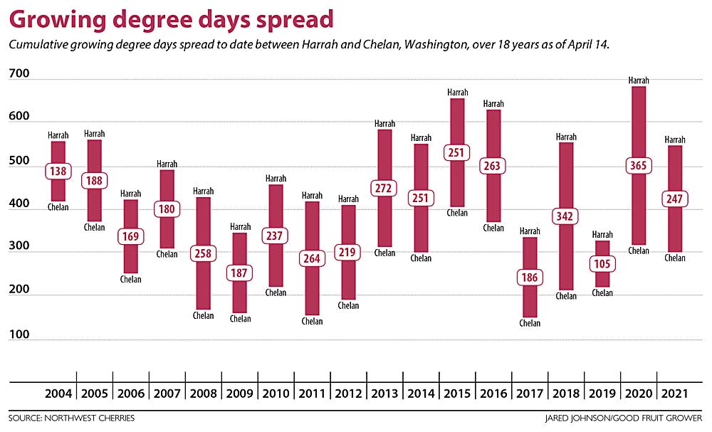 This graph shows the cumulative growing degree days spread between Harrah and Chelan, Washington, over 18 years as of April 14. (Source: Northwest Cherries; Graph: Jared Johnson/Good Fruit Grower)