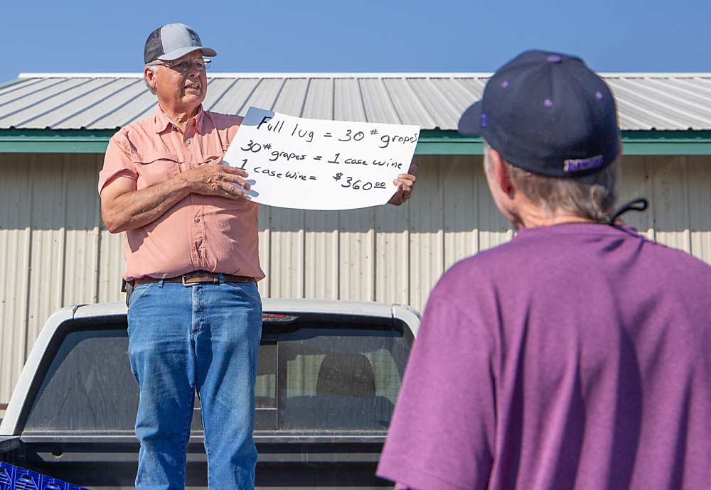 Water from Wine founder Pat Tucker explains the value of each harvester’s efforts. (Ross Courtney/Good Fruit Grower)