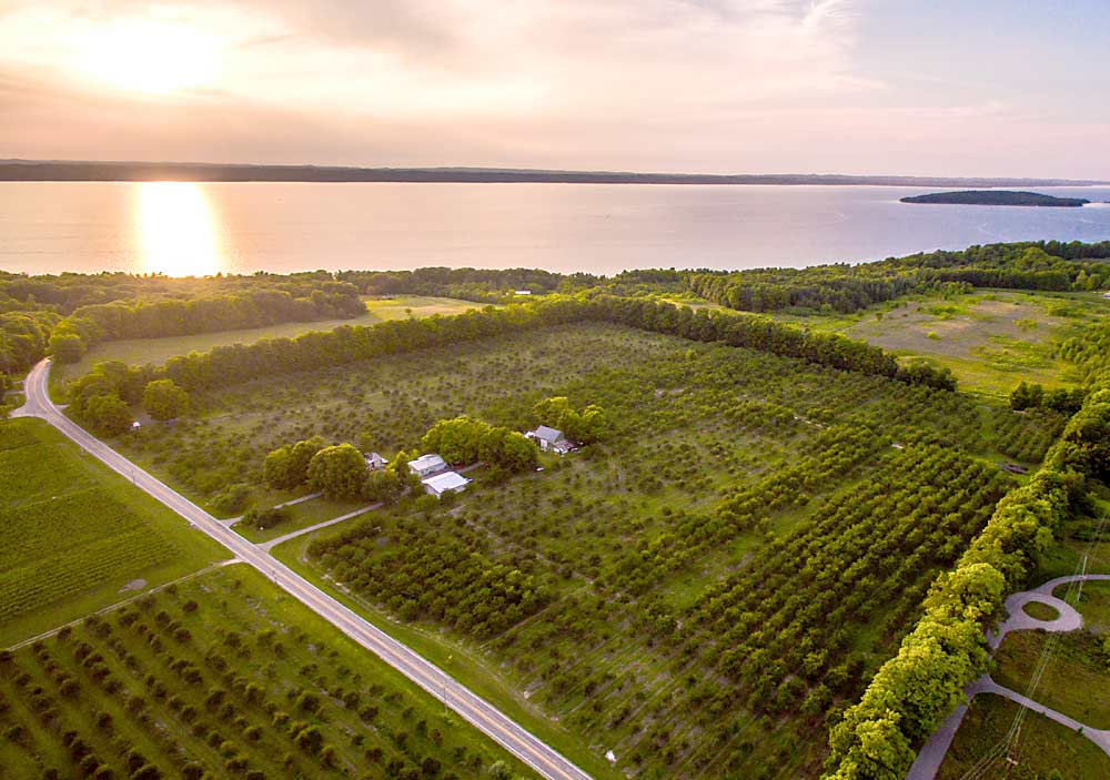 This aerial photo from August 2018 shows Wunsch’s 40-acre parcel sitting a short walk from the water’s edge on the Old Mission Peninsula, north of Traverse City, Michigan, where farmers face competition from development. (Courtesy Grand Traverse Regional Land Conservancy)