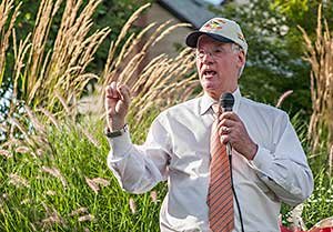 OSU president Dr. Ed Ray speaks during the centennial celebration at the Mid-Columbia Agricultural Research and Extension Center in Hood River. (TJ Mullinax/Good Fruit Grower)