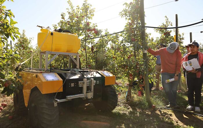 Researchers at Washington State University’s Center for Precision Agriculture and Automated Systems used this autonomous vehicle, the Warthog platform from Clearpath Robotics, as the base of a robot that scans each tree and can precisely apply liquid fertilizer. The team demonstrated the robot’s spraying capability, with water, during a technology field day at WSU’s Sunrise Orchard outside Wenatchee on Sept. 15. (Kate Prengaman/Good Fruit Grower)