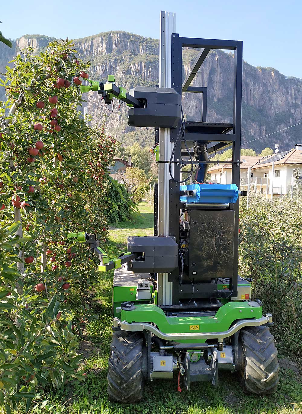The robotic harvester built by Aigritec of Italy picks apples in a demonstration. It uses a fingered end effector with vertical and horizontal conveyor belts. (Courtesy Aigritec)