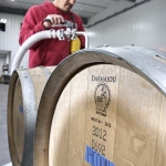 Carlos Valencia racking barrels of 2014 Counoise at Airfield Estates in Prosser, Washington on May 4, 2015. (TJ Mullinax/Good Fruit Grower)