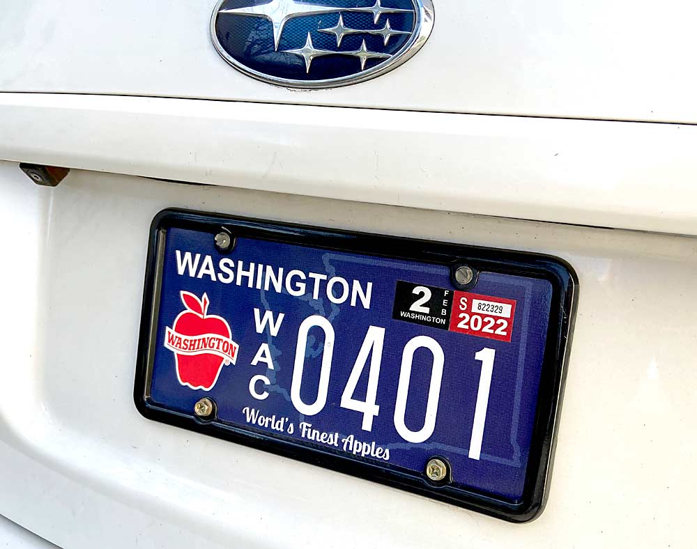 Marking the 25th anniversary of the Washington Apple Education Foundation, the industry supporters who own this Subaru in Yakima celebrated with the purchase of a Washington apples specialty license plate that helps fund the organization’s scholarship program. Available since July 2020, the Washington apples license plate is issued with a sequential number or personalization, and WAEF hopes to see sales reach 1,000 plates in 2021. (Jonelle Mejica/Good Fruit Grower)