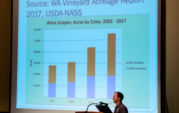 Trent Ball, Yakima Valley College, shows the growth in wine grapes harvested in Washington nears 60,000 acres during the Washington Grape Society meeting in Grandview, Washington, on November 17, 2017. (TJ Mullinax/Good Fruit Grower)