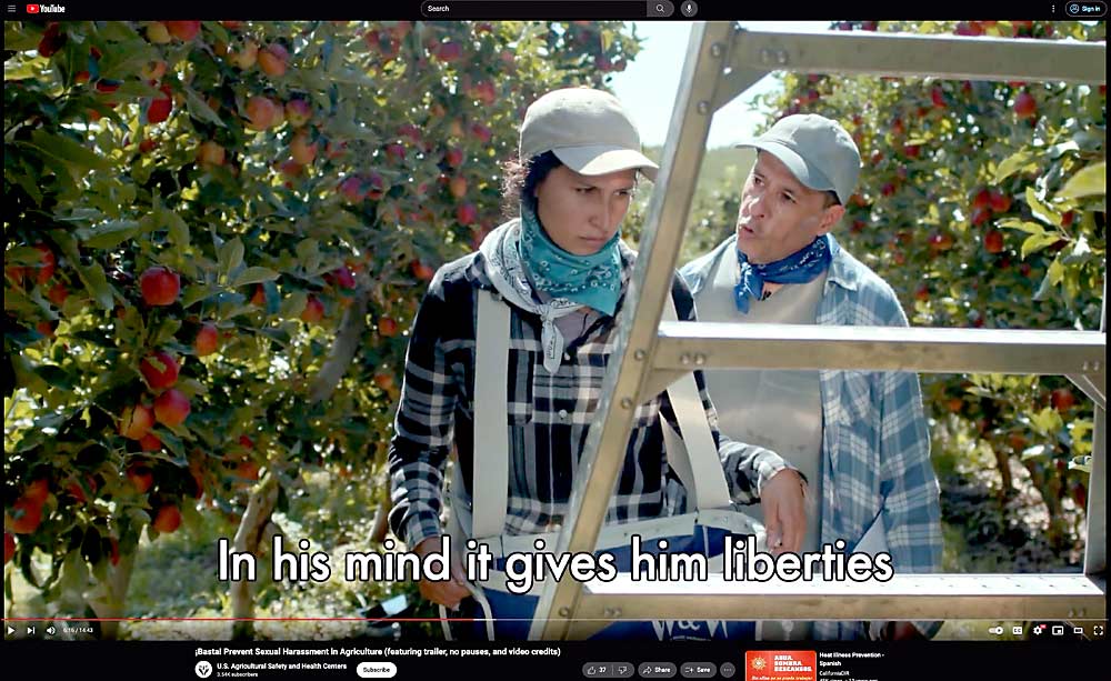 Actors dramatize an uncomfortable orchard scene in a video screenshot from ¡Basta!, a University of Washington sexual harassment prevention training curriculum. (Courtesy Pacific Northwest Agricultural Safety and Health Center)