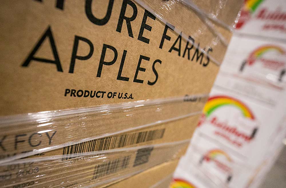 Extra Fancy Gala apples are packed, branded and ready for international sale at a Union Gap, Washington, loading dock in November. Most of the apple exports this year are heading to Mexico and Canada. (TJ Mullinax/Good Fruit Grower)