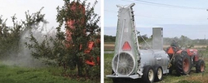 Left: An adjustable air outlet keeps the spray cloud in the trees. Right: Ultra sonic sensors determine absence, presence, or height. 