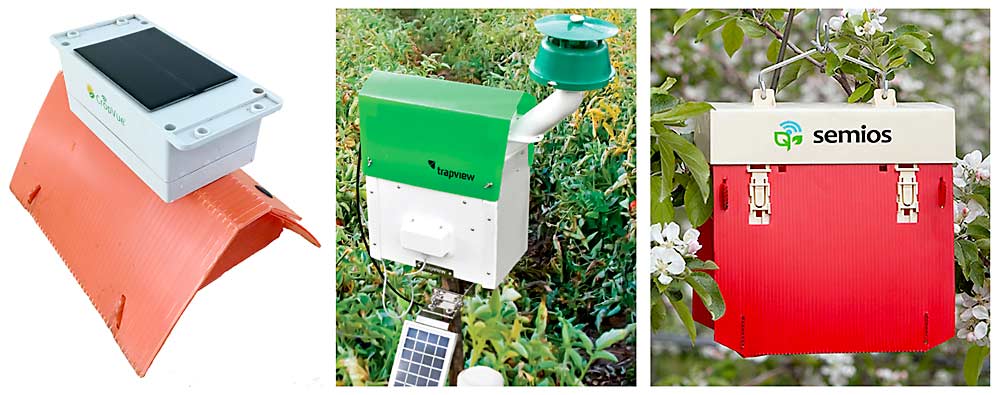 Left: CropVue camera traps come with a solar panel to charge the camera battery. Center: Camera traps built by Trapview, based in Slovenia, come with self-scrolling replacement sticky paper, a solar panel and a weather node. Right: A Semios camera trap hangs in a Washington apple orchard. (Left to right: Courtesy CropVue Technologies, Courtesy Trapview, Courtesy Semios)