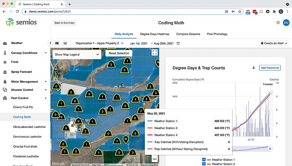 Camera traps work with a network of in-orchard weather monitors and mapping software, shown in this screenshot from Semios, to help growers make pest control decisions. (Courtesy Semios)