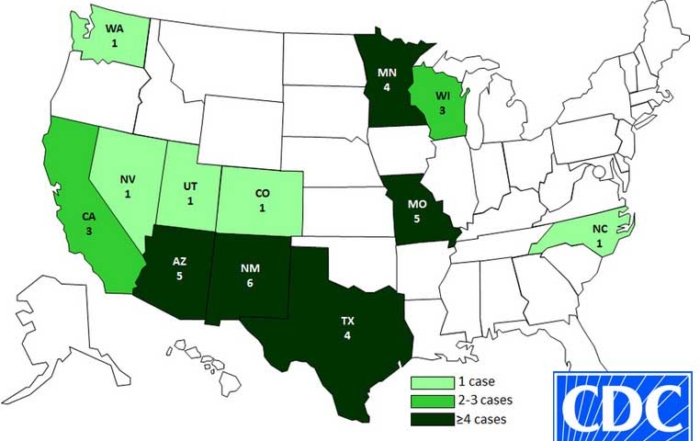 The locations of people who were infected with Listeria monocytogenes as of February 15, 2015, by consuming prepackaged caramel apples made by Bidart Bros. Apples. (Courtesy the Centers for Disease Control and Prevention)