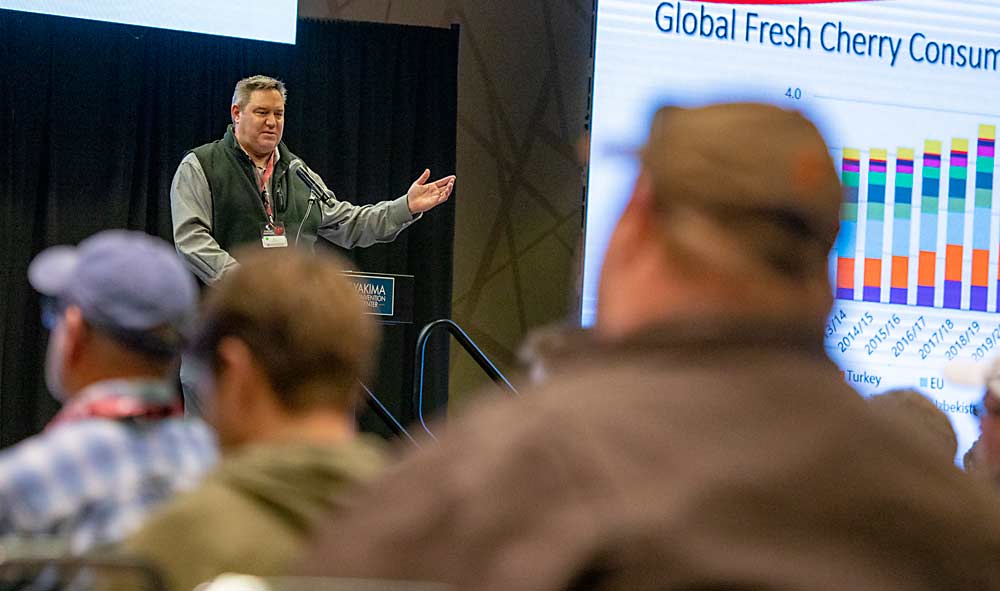 Northwest Cherry Growers President B.J. Thurlby shares reflections on the 2021 cherry season and insights into the future at the 2022 Cherry Institute held at the Yakima Convention Center on Friday, Jan. 7. (TJ Mullinax/Good Fruit Grower)