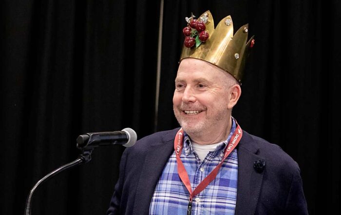 Mike Taylor of Stemilt Growers wears the Cherry King crown at the 81st annual Cherry Institute in Yakima, Washington, on Jan. 12. (TJ Mullinax/Good Fruit Grower)