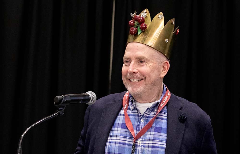 Mike Taylor of Stemilt Growers wears the Cherry King crown at the 81st annual Cherry Institute in Yakima, Washington, on Jan. 12. (TJ Mullinax/Good Fruit Grower)