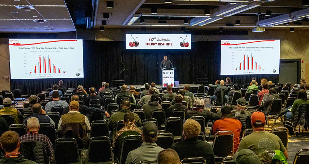 Northwest Cherry Growers President B.J. Thurlby speaks at the 80th annual Cherry Institute held in Yakima, Washington, on Jan. 13. (TJ Mullinax/Good Fruit Grower)