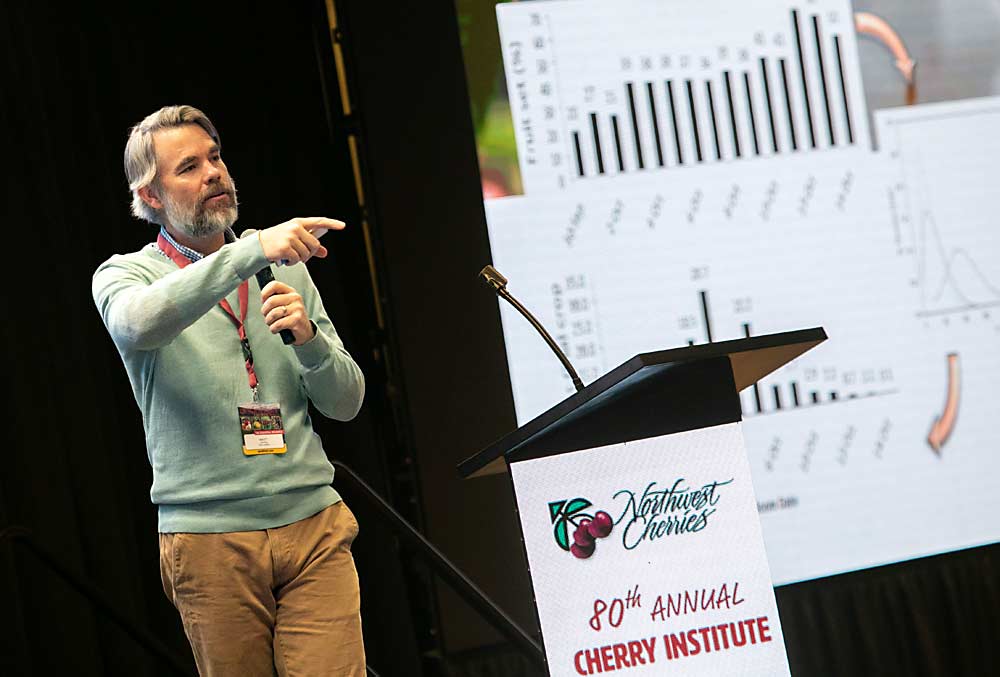 Matt Whiting of Washington State University talks about crop load management at the 2023 Cherry Institute in Yakima, Washington. (TJ Mullinax/Good Fruit Grower)