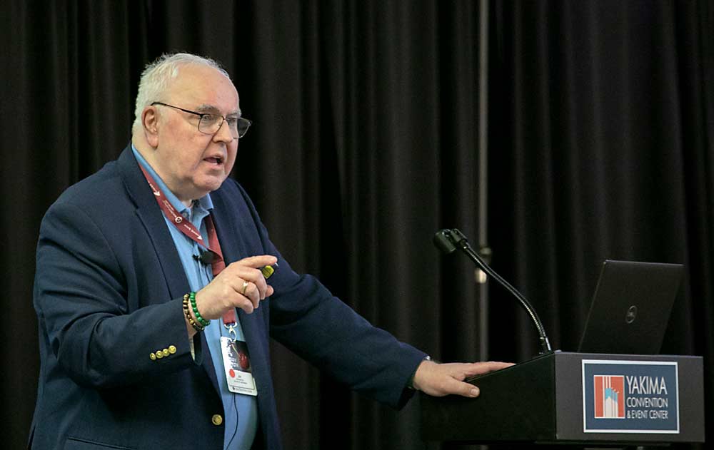 Jim Wisenmeyer, a political writer from Washington, D.C., delivered the keynote speech at lunchtime during the 80th annual Cherry Institute. (TJ Mullinax/Good Fruit Grower)