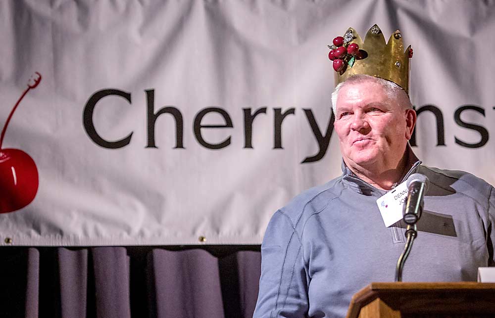 Dennis Jones of Granger, Washington, is crowned Cherry King during the Cherry Institute in 2016 at the Yakima Valley Convention Center. Jones urges younger growers to get involved with industry groups. (TJ Mullinax/Good Fruit Grower)