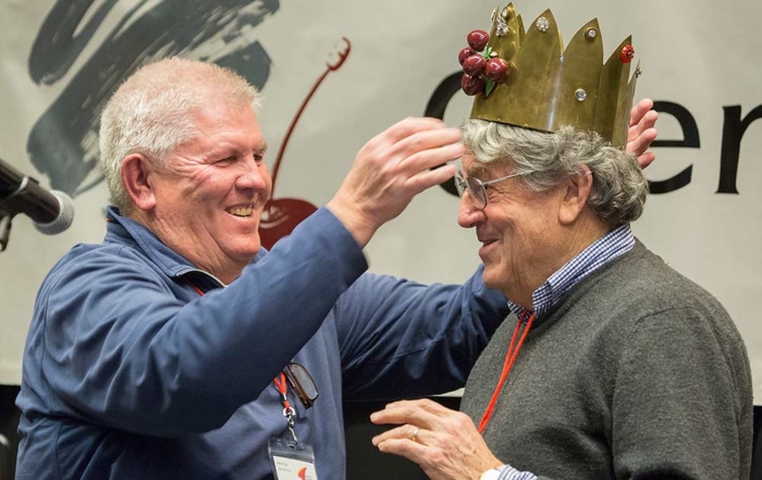 Dennis Jones crowns Dalles, Oregon grower, Bob Bailey of Orchard View Farms as the 2017 Cherry King on January 20 at the Cherry Institute in Yakima, Washington. Jones was the 2016 Cherry King honoree. (TJ Mullinax/Good Fruit Grower)