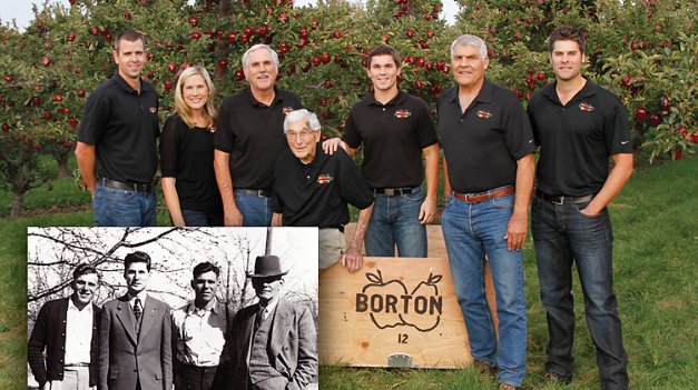 Members of the Borton family currently involved in the business are (left to right): Andy Birley (fourth generation), Katie (Borton) Birley (fourth), John Borton (third), Richard Borton (second), Eric Borton (fourth), Bill Borton (third), Byron Borton (fourth). Inset: Founder Byron Sarver Borton (far right) and three sons (right to left) Byron E., John Richard, and Don, 1940s.