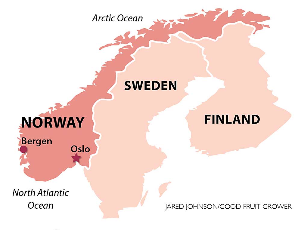 A map of the area of ​​Norway where the International Tree Fruit Association toured this summer.  (Graphic: Jared Johnson/Good Fruit Grower)