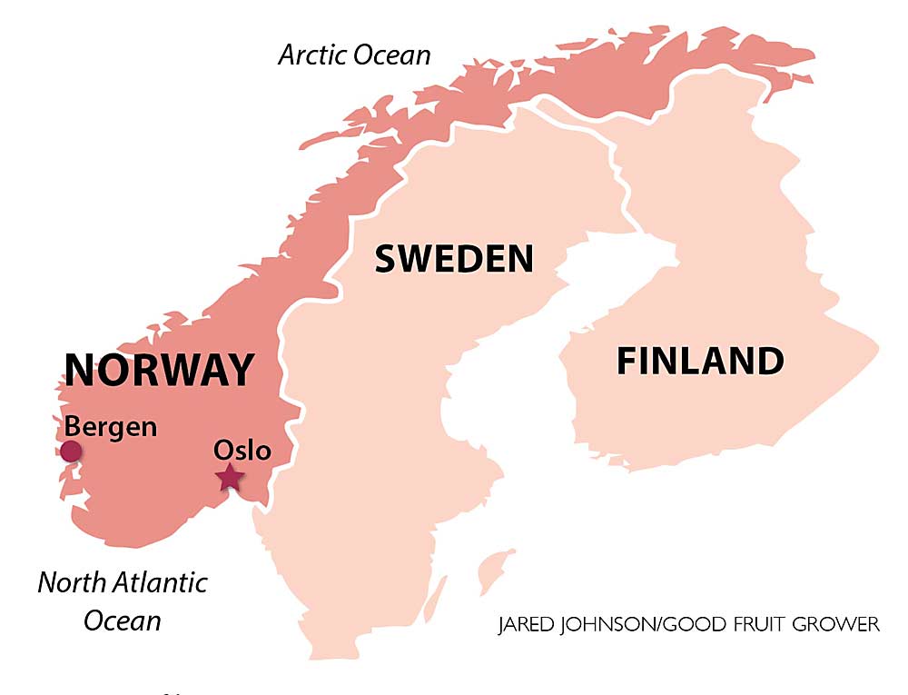 A map of the area in Norway where the International Fruit Tree Association toured this summer. (Graphic: Jared Johnson/Good Fruit Grower)