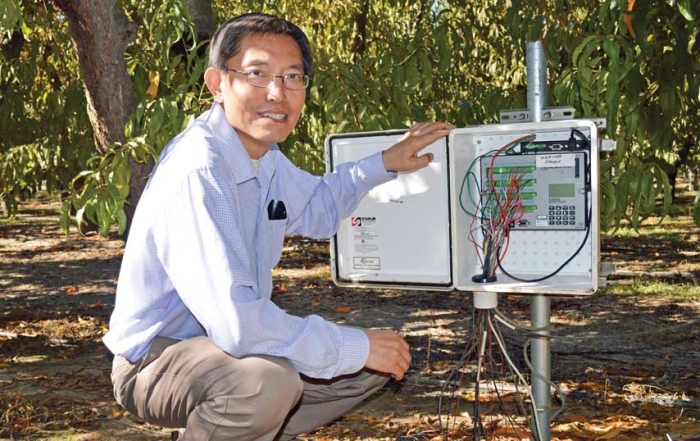 Dong Wang, research leader with the San Joaquin Valley Agricultural Sciences Center’s Water Management Unit, shows a data logger used to record information from soil moisture sensors placed at various depths. (Vicky Boyd/for Good Fruit Grower)