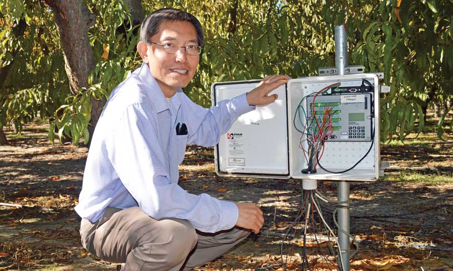Dong Wang, research leader with the San Joaquin Valley Agricultural Sciences Center’s Water Management Unit, shows a data logger used to record information from soil moisture sensors placed at various depths. (Vicky Boyd/for Good Fruit Grower)