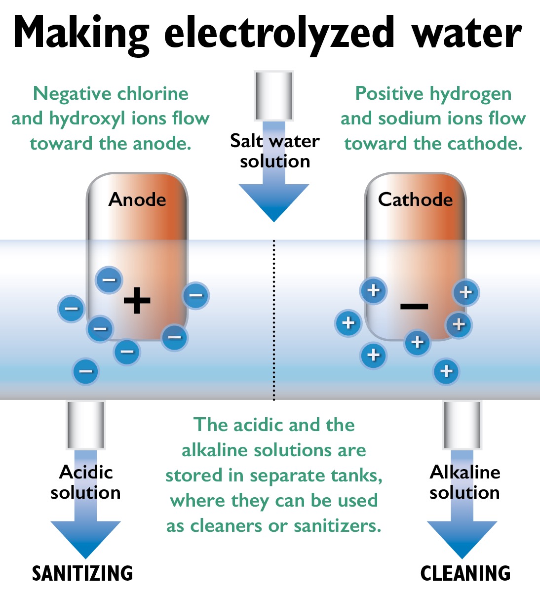 An electric current is passed through salt water, breaking the water and the salt into ions. (Jared Johnson/Good Fruit Grower illustration)