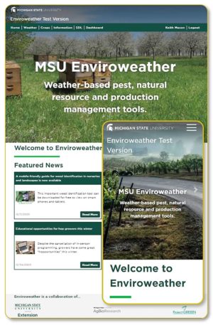 The home page from Enviroweather’s new website. The inset image shows the mobile view. (Courtesy Keith Mason/Michigan State University)