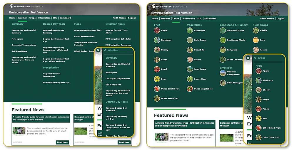 Images from Enviroweather’s new website, showing the tools available and relevant crops. At left is the weather menu and at right the crop menus. Inset images show the mobile view for each page. (Courtesy Keith Mason/Michigan State University)