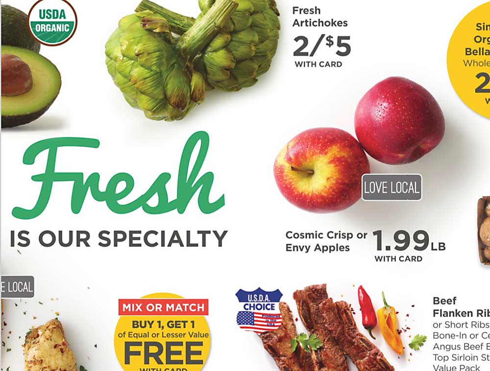 A March 23 online advertisement for the Everett, Washington, QFC lists Cosmic Crisp and Envy at $1.99 per pound. Other managed varieties and premium apples also took a price hit in the 2020–2021 sales year, as retailers and shoppers both stuck with less expensive, tried-and-true cultivars. (TJ Mullinax/Good Fruit Grower)