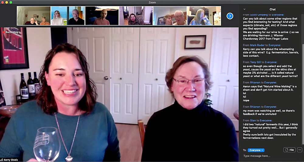 Kerry, left, and Kathy Shiels answer questions from “Virtual Happy Hour” guests using the Zoom video conference service. Kerry says being able to see the faces of her attendees provides important engagement feedback that helps her improve the experience, much more than a chat window provides. (TJ Mullinax/Good Fruit Grower)