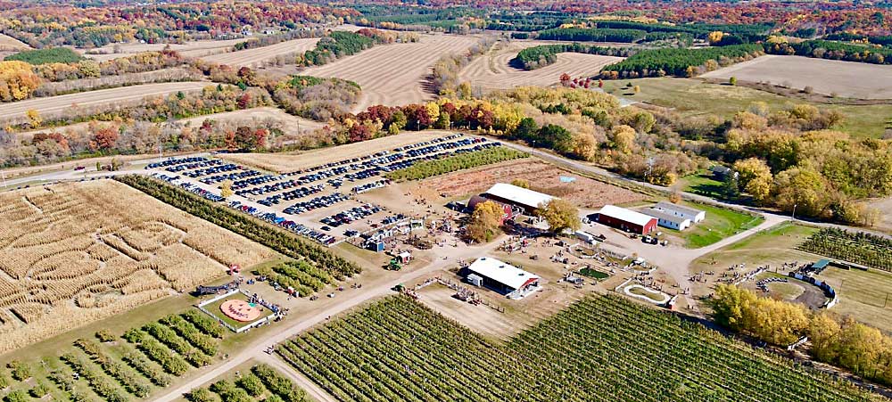 An aerial view of the Ferguson’s Orchards location in Eau Claire, Wisconsin. The Ferguson family runs another farm market in Galesville, Wisconsin, and a retail store in Lake City, Minnesota. The farm markets were busier than ever in fall 2020. (Courtesy Andy Ferguson/Ferguson’s Orchards)