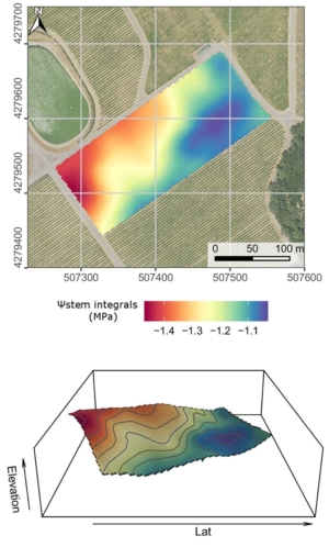 This map shows stem water potential, which is used to determine vines’ seasonal water stress, in a Sonoma, California, wine grape vineyard. (Courtesy Kaan Kurtural)